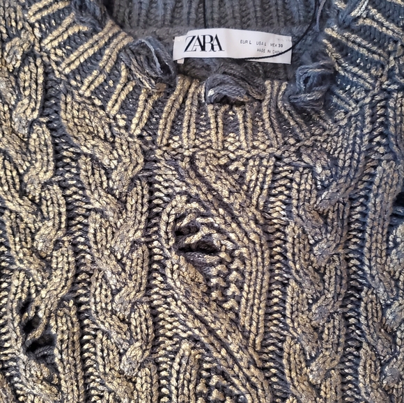 ZARA NEW WOMAN CABLE-KNIT METALLIC SWEATER FRAYED RIPPED BLUE GREY S-L - Picture 7 of 14